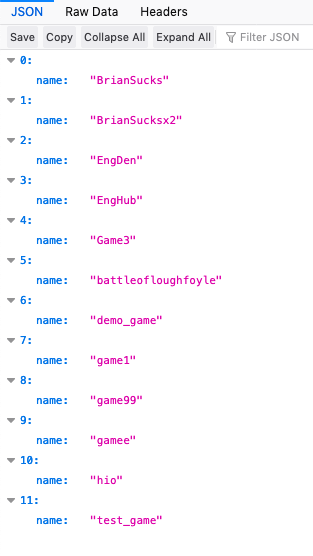 Sample games index JSON output