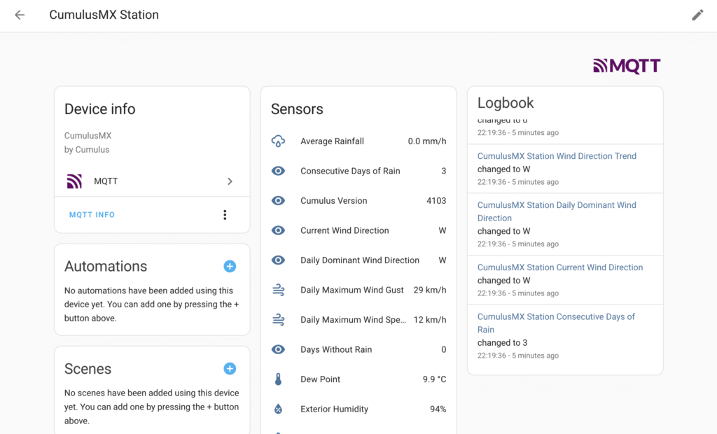 A screenshot of sensors being imported in home assistant via MQTT.