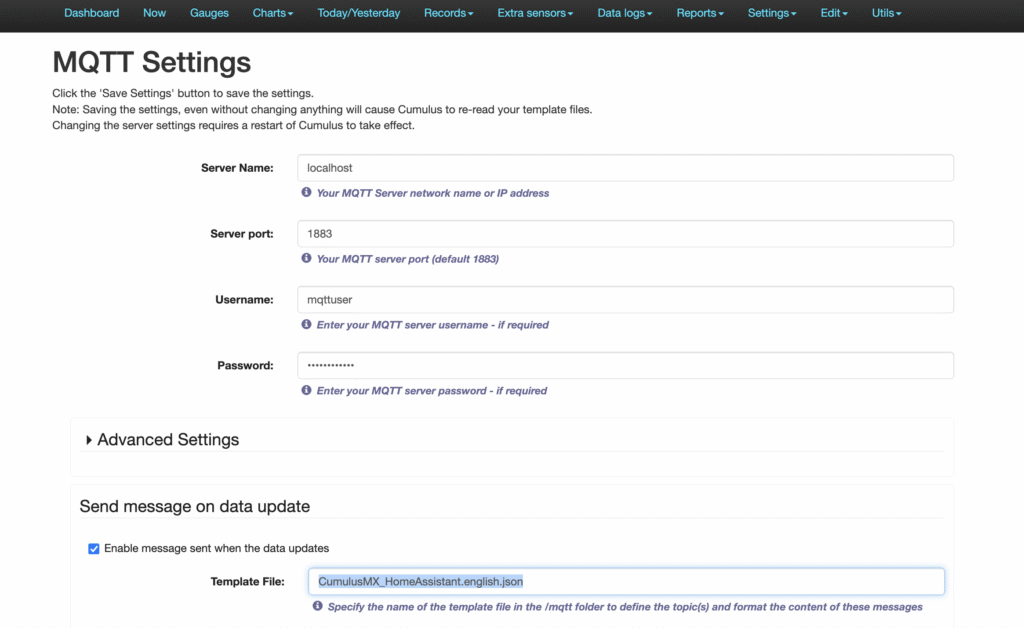 The MQTT config in CumulusMX.